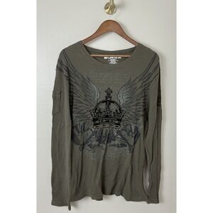 Carbon Men's XL Y2K Winged Up Long-Sleeve Thermal Shirt Green Grunge Skater Punk